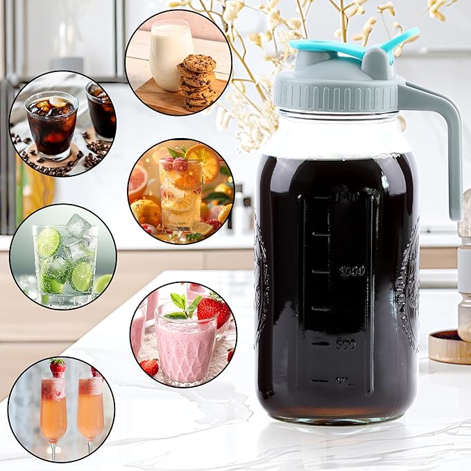 Cold Brew Coffee Maker 64 Oz Wide Mouth Mason Jar Iced Coffee Maker 2 Set Half Gallon Glass Pitcher With Strainer 2 Quart Cold Brew Pitcher With Spout Lids For Fridge Lemonade Cold Brew Milk