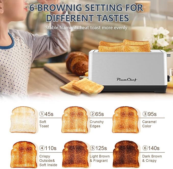 4-Slice Toaster Extra Wide Long Slot Toaster 6 Browning Settings Bagel/Defrost/Reheat Functions Removable Crumb Tray Stainless Steel Housing (Stainless Steel)