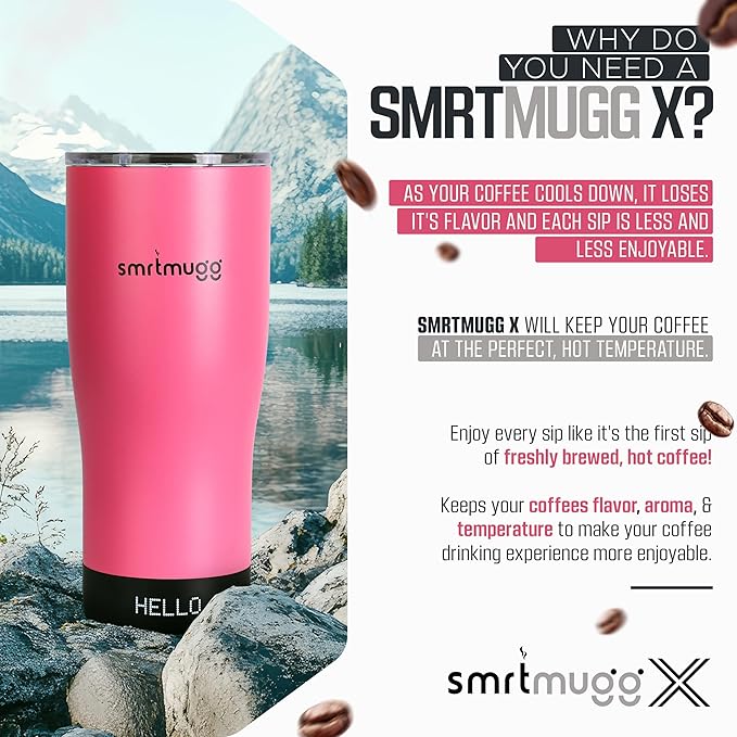 X Heated Coffee Mug 19 oz. 8 Hour Battery Life Self-Heating Adjustable Temp Controlled LCD Screen Includes Cover with Magnetic Slider (Pink)