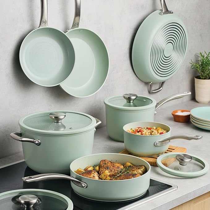 Circulon Halo with LaserDefense Ceramic Nonstick Pots and Pans with Lids Made without PFAS Compatible with All Stovetops Dishwasher and Oven Safe 11 Piece Cookware Set - Sage