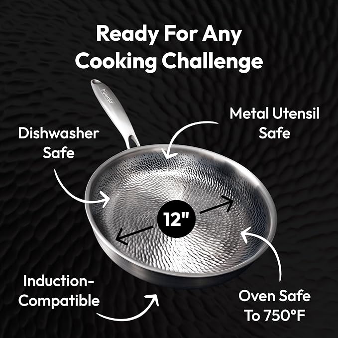 Plateful Titanium Pan For Cooking 12 - Pure No Coating Non-Stick Titanium Cookware Frying Pans Hammered Pan Safe For Oven Induction &amp Cooktops Up To 750°F Includes Lid