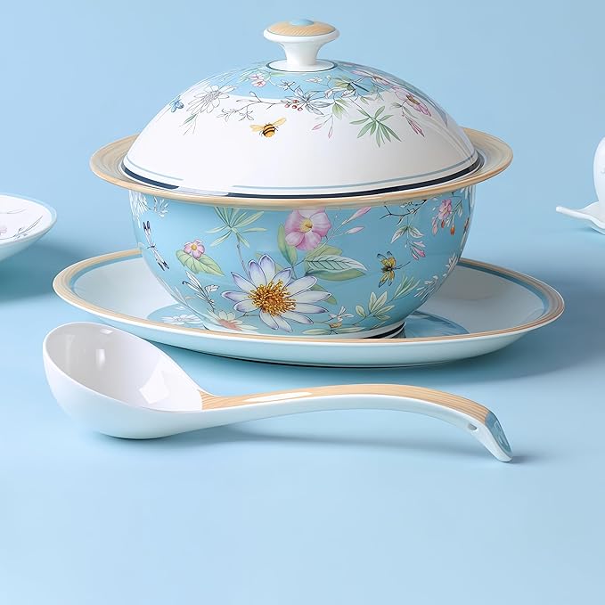 Fine Bone China Dinnerware SetPorcelain&ampCeramic Dinnerware SetsBone Stoneware&ampCeramic Cookware Tableware Set Includes Dinner Plates|Spoons|Pasta Bowls|Soup Pot|Chopsticks (32PCS * 6-Person S