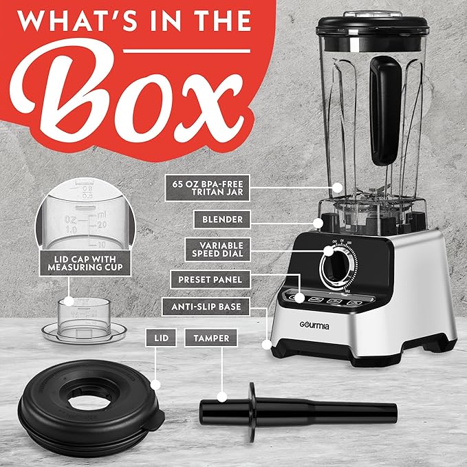 Gourmia Heavy Duty Countertop Blender – 2L BPA-Free Pitcher 1500W High-Speed Motor 45000 RPM 4 Presets Variable Speed Dial Built-In Tamper Dishwasher-Safe Parts Stainless Steel