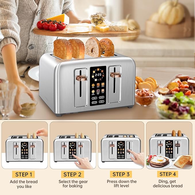 SEEDEEM Toaster 4 Slice Full Touch control Toaster LCD Display 6 Bread Type 7 Shade Settings 1.4''Wide SlotsMore Time Function Removable Crumb Tray 1800W Silver Metallic