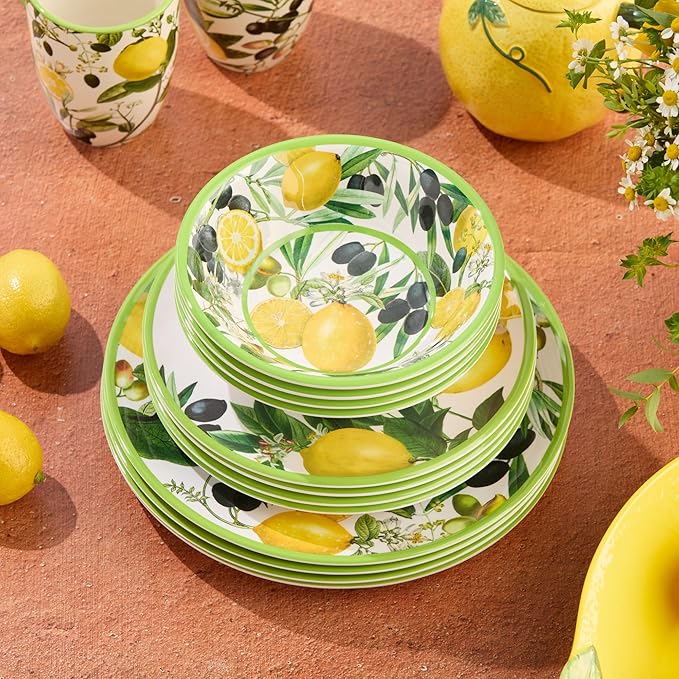 Limone 12-Piece Melamine Dinnerware Set - Citrus-Inspired Service for 4 Durable Shatterproof Dishwasher-Safe Plates and Bowls for Everyday Dining Outdoor Use and Entertaining