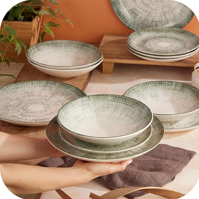 Corona 12-Piece Textured Modern Textured Finish Ceramic Dinnerware Sets Plates and Bowls Service For 4 Microwave and Dishwasher Safe Elara
