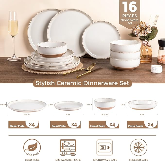 AmorArc Dinnerware Sets with Pasta Bowls for 4 Handpainted Stoneware Plates and Bowls Set with Rustic Terracotta Underside Scratch Resistant Dishes Set Dishwasher &amp Microwave Safe 16 Pcs