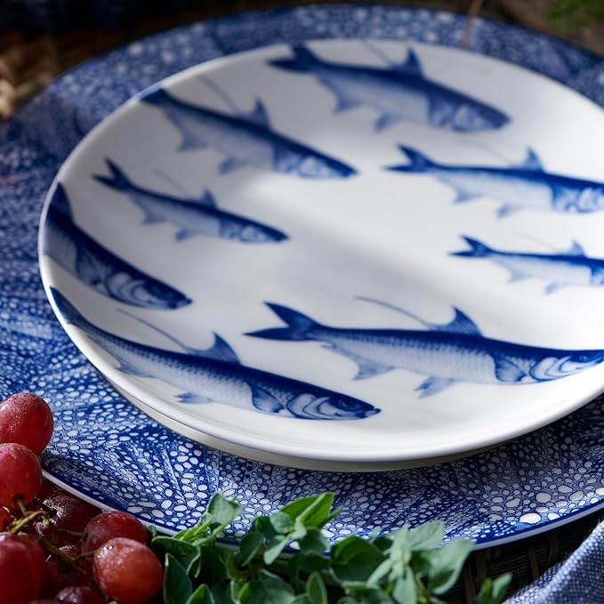 Caskata School of Fish Salad Plates Set of 4 | High-Design Lead-Free Porcelain Dinnerware Plate Set | Blue Dinnerware Set for Entertaining Everyday Birthday Mothers Day Gifts | 8.5 in