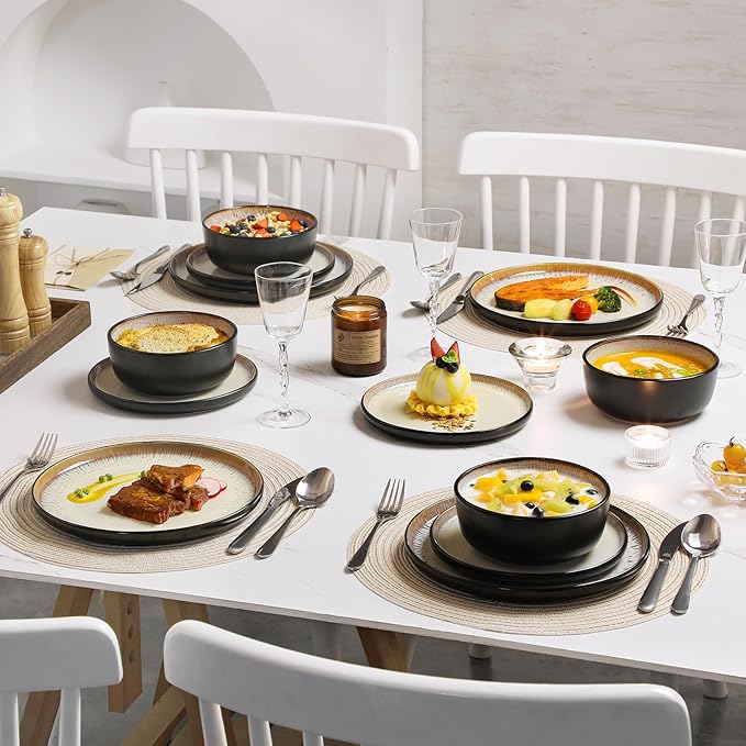 vancasso Plates and Bowls Sets 24 Pieces Stoneware Dinnerware Sets for 8 Kitchen Dish Set Mircowave and Dishwasher Safe Ceramic Dishware Light Cream Series AMBER