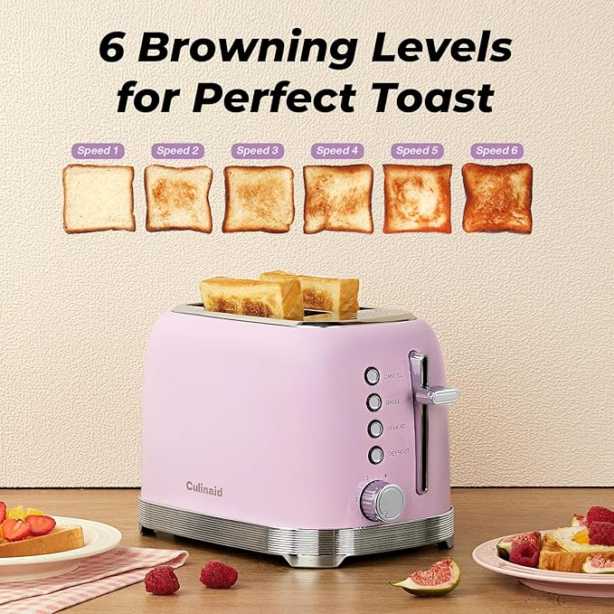 Toaster 2 Slice Retro Stainless Steel with 1.5” Extra Wide Slots Bagel Defrost Reheat Cancel Functions 6 Bread Shade Settings Removable Crumb Tray Pastel Pink