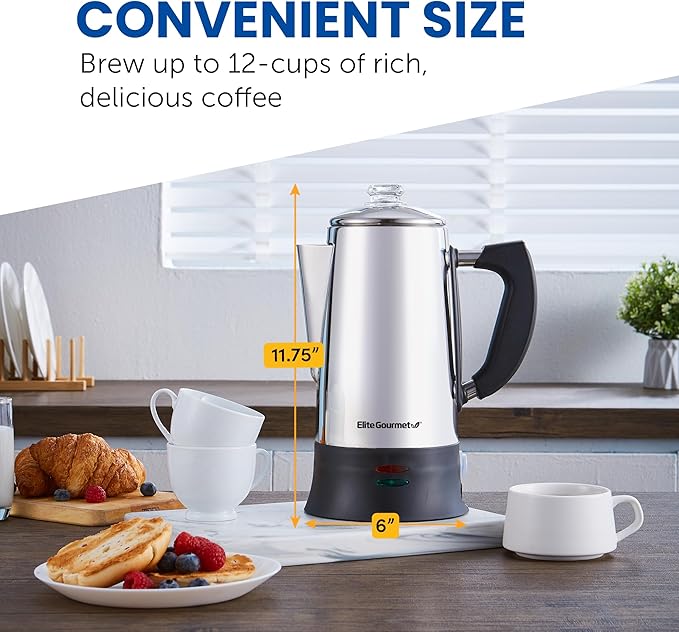 Elite Gourmet EC922 Electric Coffee Percolator BPA Free Keep Warm Glass Clear Brew Progress Knob Cool-Touch Handle Cordless Serve 12-Cup Stainless Steel