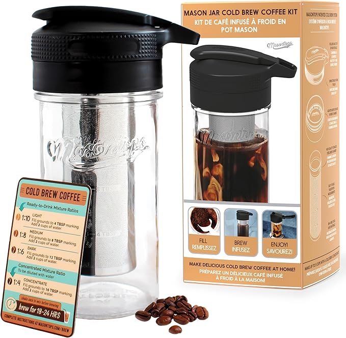 Masontops Cold Brew Makers Kit - Deluxe Iced Coffee Maker with Glass Pitcher &amp Stainless Steel Mesh Filter - Easy Pour Fridge Cold Brewer System