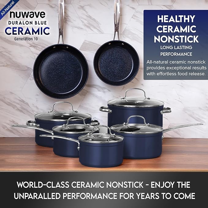 Nuwave Healthy Duralon Blue Ceramic Nonstick 12pc Cookware SetDiamond Infused Scratch-ResistantPFAS FreeDishwasher &amp Oven SafeInduction Ready &amp Evenly Heats Tempered Glass Lids Stay-Cool
