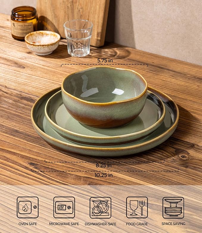 TheTerra Ceramic Dinnerware Sets for 4 12 Pieces Handmade Reactive Glaze Plates and Bowls Sets Scratch Resistant Dish Set Oven &amp Microwave &amp Dishwasher Safe Brown Green