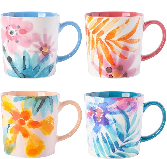Spice by Tia Mowry Floral Garden 4 Piece Large 17OZ Decorated Porcelain Mug Set