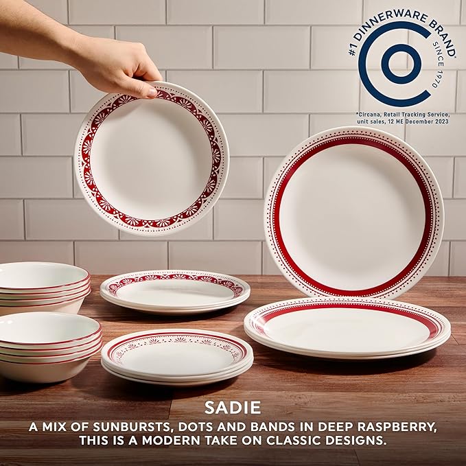 Corelle Everyday 18-PC Dinnerware Set Service for 6 Durable and Eco-Friendly Higher Rim Glass Plate &amp Bowl Set Microwave and Dishwasher Safe Sadie