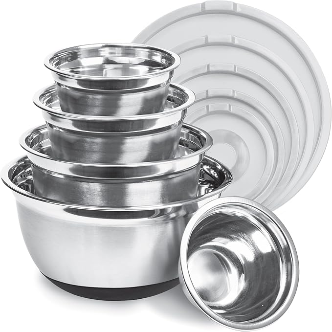 Avador Premium Stainless Steel Mixing Bowls with Lids Non-Slip Set of 5 Mixing Bowl Set with Silicone Base Space Saving Great for Cooking Baking Prepping (0.25qt 1qt 1.5qt 3qt 5qt)
