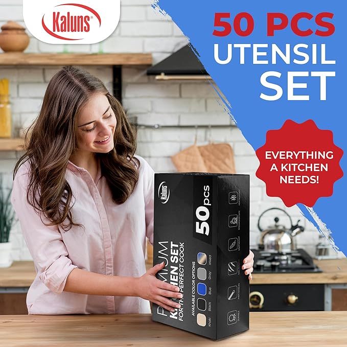 Kaluns 50 PCS Silicone Kitchen Utensils Set Complete Kitchen Set - 800°F Heat Resistant Non-Stick Premium Cooking Utensils W Wooden Handles - Can Opener Masher Turner Silicone Spatula Set