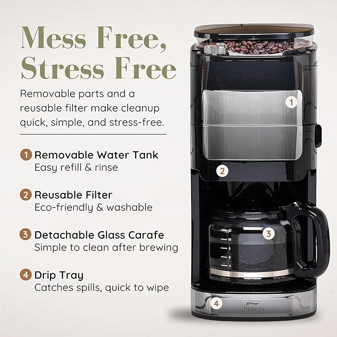 12-Cup Digital Drip Coffee Maker with Built-In Burr Grinder | Programmable Coffee Machine | Reusable Filter and Refillable Water Tank | Warming Plate with Glass Coffee Pot