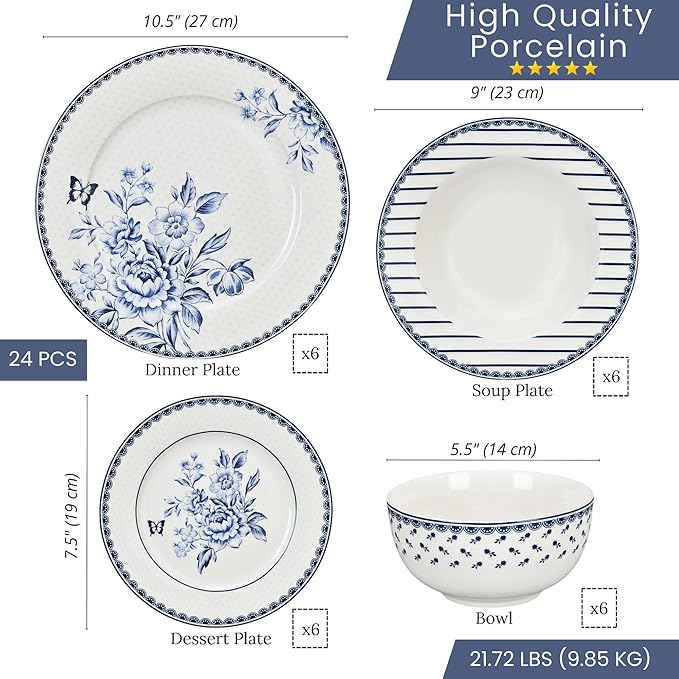 24-Piece Bone China Dinnerware Set in Gift Box Service for 6 Porcelain Dinnerware Tropical Dishes Set - Dinner Plates Dessert Plates Cereal Bowls Mugs (Vintage Indigo)