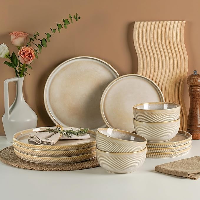 Stoneware Dinnerware Sets for 4 12-Piece Scratch Resistant Plates and Bowls Set Dishwasher and Microwave Safe Ceramic Dishes Set Ribbed Sculpted Dune