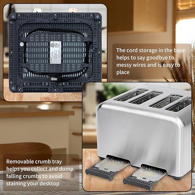 SEEDEEM Toaster 4 Slice Stainless Toaster &amp Touch Control LCD Display 6 Bread Type 7 Shade Settings 1.5'' Wide Slots Cancel/Defrost/Reheat Removable Crumb Tray 1800W Silver Metallic
