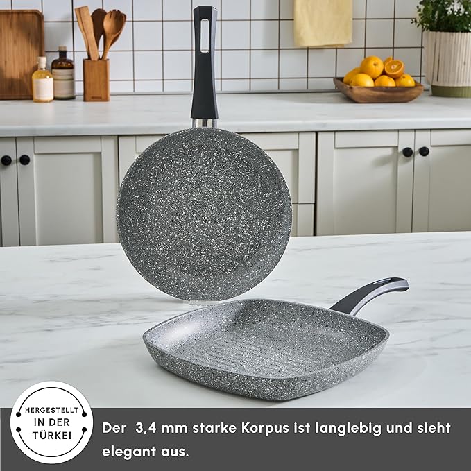 KARACA Gris Biogranite 2-Piece Induction Cookware Set 26cm Frying Pan 28cm Non-Stick Grill PFOA Free Anti-Scratch Biogranite &amp Dishwasher Safe Pan Grey