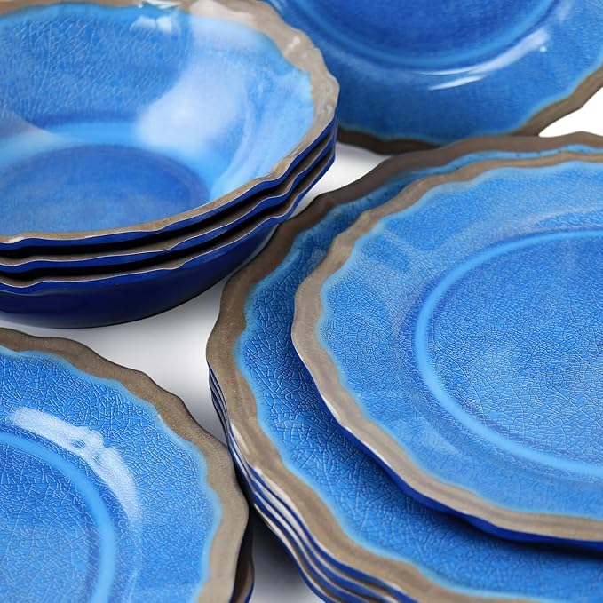 12-Piece Melamine Dinnerware Sets Lightweight &amp Durable Wave-Edge Design Blue Glossy Crackle Finish Dishwasher Safe Ideal for Outdoor Gatherings &amp Daily Use