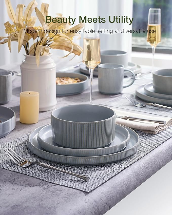 Famiware Star Dinnerware Set Plates and Bowls Sets for 8 (24pcs) Ribbed Stoneware Dishes - Chip &amp Scratch Resistant Microwave &amp Dishwasher Safe Matte Gray