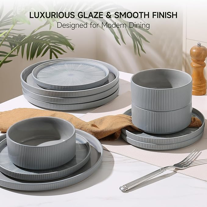 Dinnerware Sets for 4 Ceramic Plates and Bowls Set 12 Piece Dinnerware Chip Resistant Stoneware Dishwasher and Microwave Safe-Blue