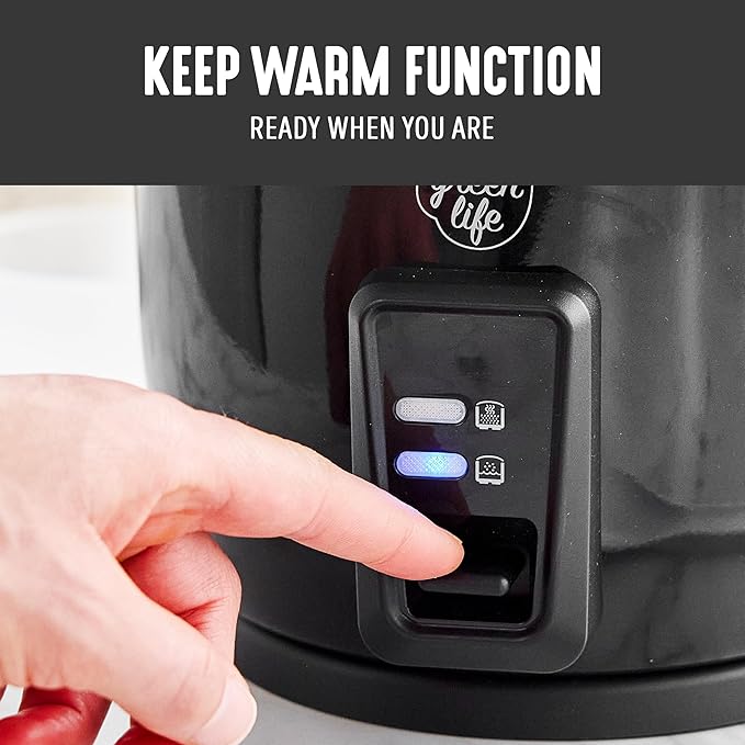 GreenLife Rice Cooker with Removable PFAS-Free Ceramic Nonstick Pot 3-Cups Uncooked/6-Cups Cooked Grains &amp Oatmeal Multicooker Compact One-Switch Design Auto Keep Warm Easy Clean Black