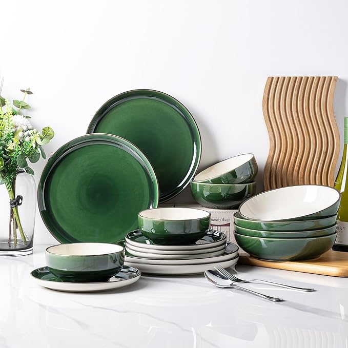 GBHOME Ceramic Dinnerware Sets with Pasta Bowl 16 pcs Stoneware Dinnerware Set Plates and Bowls Sets Dishwasher &amp Microwave Safe Dishes Set | Service for 4
