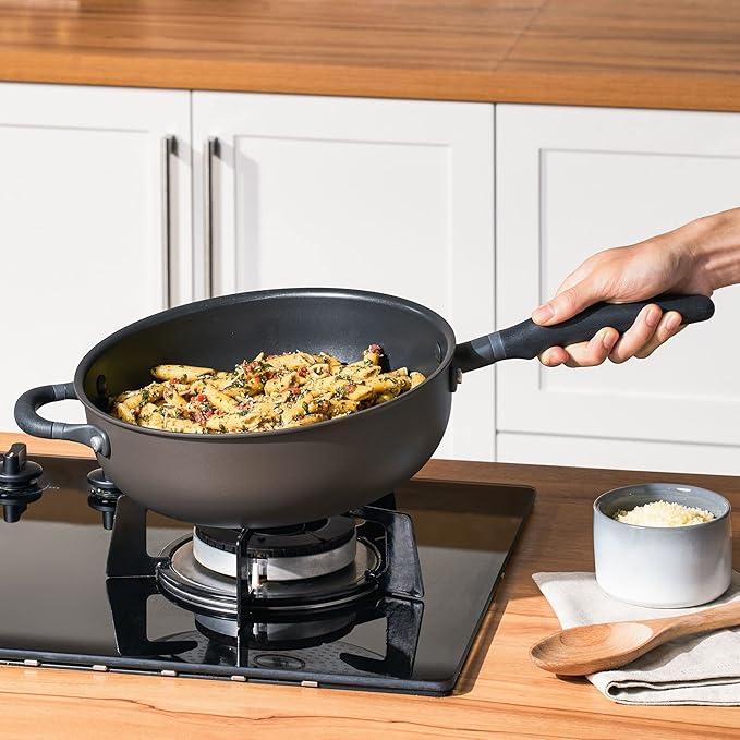 Meyer 6pc Stackable Set with Universal Lids | Hard Anodized Non Stick and Stainless Steel Pots and Pans | Induction Compatible | Dishwasher Safe | Oven Safe | Black &amp Gray | Accent Series Cookware