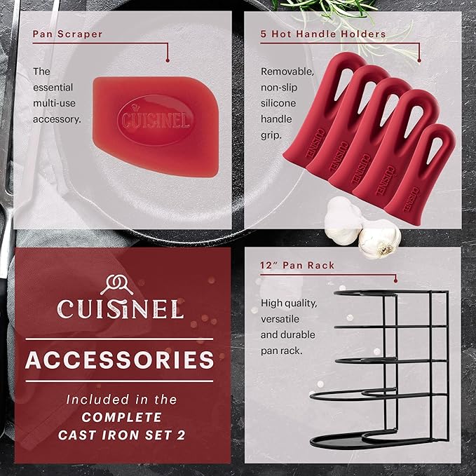 Cuisinel Cast Iron Cookware Set - Complete Pre-Seasoned Kit - 8 Skillet + 10+12 Skillets with Glass Lid + Grill Pan + Multi-Cooker/Dutch Oven + Flat Griddle + Pizza Pan + Rack Organizer - 2024