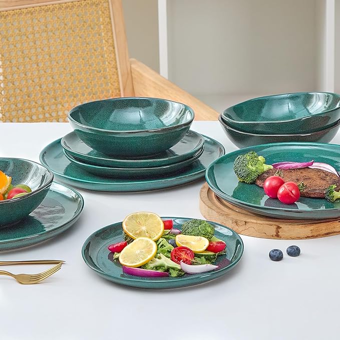 Bestone 12 Pieces Round Kitchen Dinnerware SetsPlates and Bowls SetsDishes Plates Bowls Dish Set Chip Resistant Ceramic Dinnerware Set Dishwasher/Microwave SafeService for 4Ceylon Green