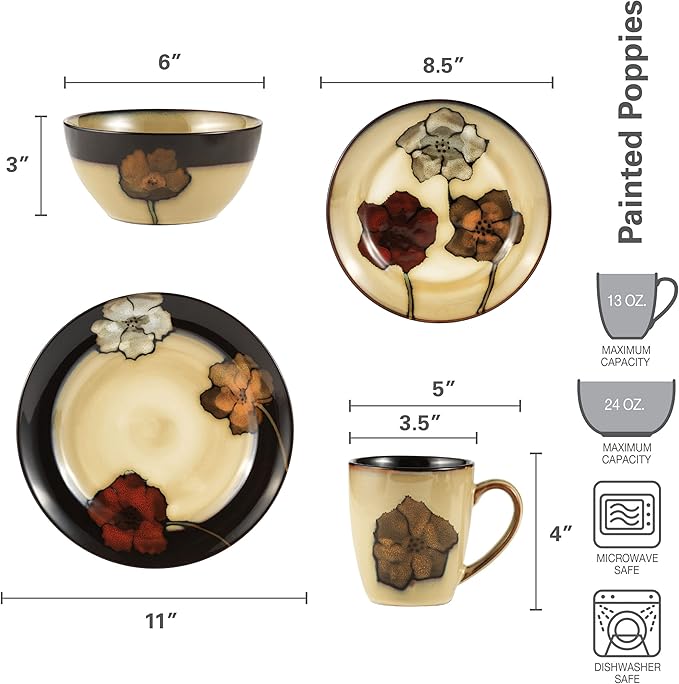 Pfaltzgraff Painted Poppies 16-Piece Dinnerware Set Service for 4 Colorful Floral Stoneware Plates Bowls and Mugs Microwave and Dishwasher Safe