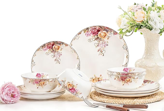 Dinnerware Sets Plates Set with Bowls Artistic 12-Piece Ceramic Dinnerware for Home Restaurant Chip and Scratch Resistant Microwave and Dishwasher Safe Rose Collection