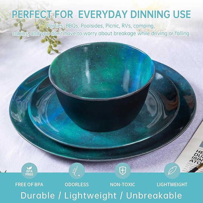 Melamine Dinnerware Sets for 4 12pcs Plates and Bowls Sets for Daily Use Dishwasher Safe BPA-free Teal Green