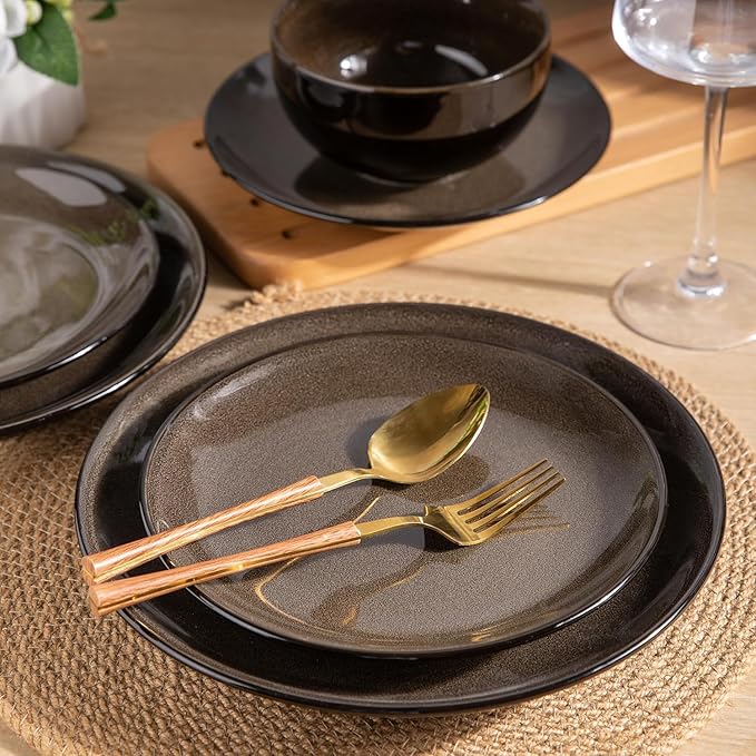 LeRatio Ceramic Dinnerware Sets for 6Stoneware Plates and Bowls SetsHandmade Reactive Glaze Dishes SetChip Resistant and Scratch Resistant | Oven&ampDishwasher &amp Microwave Safe-Chestnut(22PCS)