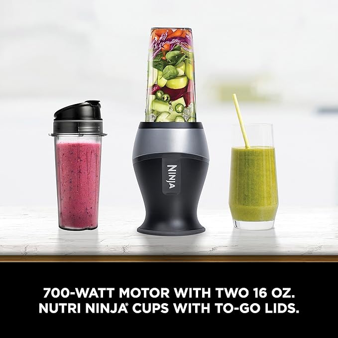 Ninja Fit Compact Personal Blender Portable Blender for-Smoothies Shakes Food Prep and Frozen Blending 700-Watt Base (2) 16-oz. Cups and Spout Lids Black QB3001SS