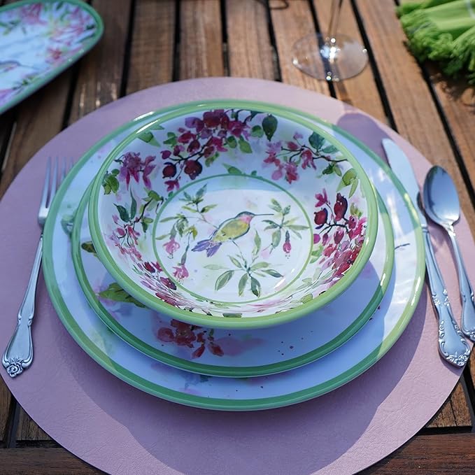 Hummingbirds 12-Piece Melamine Dinnerware Set – Service for 4 with Dinner Salad and Bowls – Lightweight Durable Dishwasher Safe Floral Hummingbird Design for Indoor &amp Outdoor Dining