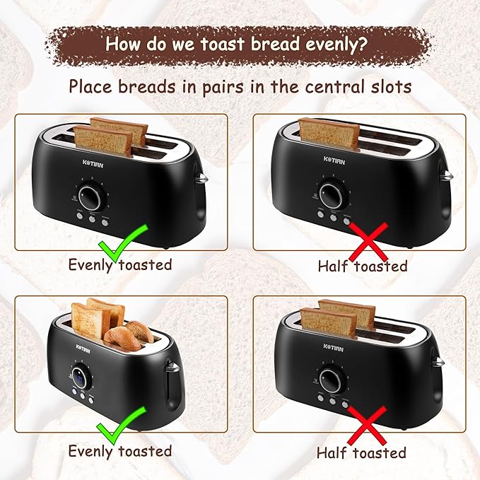 Toaster 4 SliceKOTIAN Retro Long Slot Toasters with Countdown TimerStainless Steel ToasterBagelDefrostReheatCancel FunctionsExtra Wide Slots6 Toast SettingsRemovable Crumbs TrayMatte black