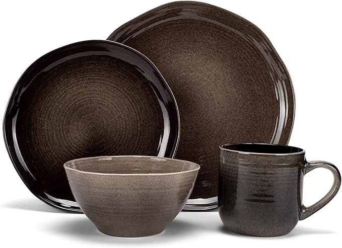 Elanze Designs Reactive Glaze Farmhouse Rustic Boho Ceramic Stoneware Dinnerware 16 Piece Plate Bowl Mug Dish Set - Service for 4 Mocha Grey Ombre