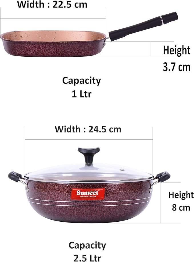 Sumeet Nonstick Granite Finish 2pc SPLENDOR Cookware set (Grill Pan 22cm Dia + Kadhai With Glass Lid - 2.5 Ltr Capacity - 24.5cm Dia)