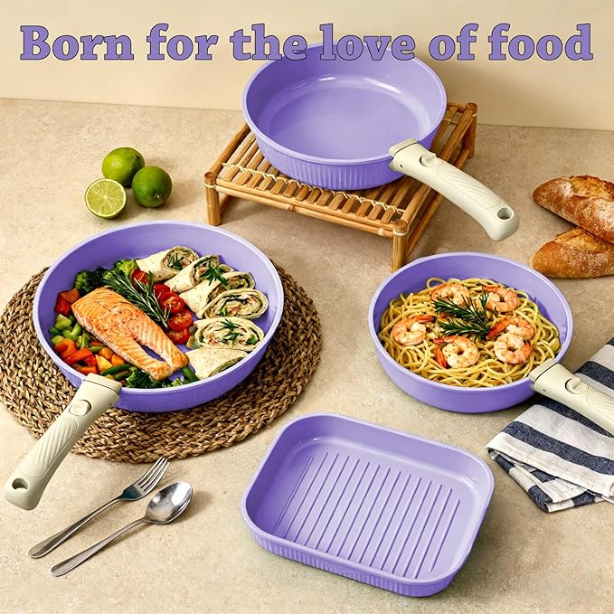 24 Pcs pots and pans setcookware set non stickpots and pans set Oven-safe and dishwasher-safePFAS/PFOA FreeInduction Dishwasher Oven Safe cookware set (Purple)