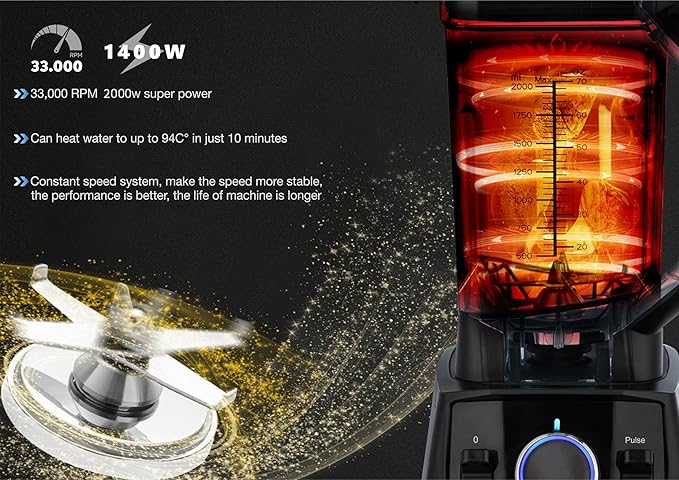 HiCFM Blender 70 Oz Tritan Jar 2000 Watts 3 Functions for Smoothies Ice Sauce with Autonomous Clean Stainless Steel Blade &amp Wave Action System
