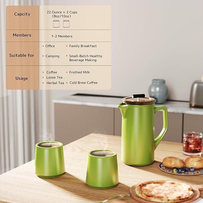 DHPO Ceramic French Press Coffee Maker 22oz Single Serve Coffee Press with Walnut Wood Lid Lead-Free Food Grade Stainless Steel Filter with Dual Screen for Coffee and Loose Tea Green