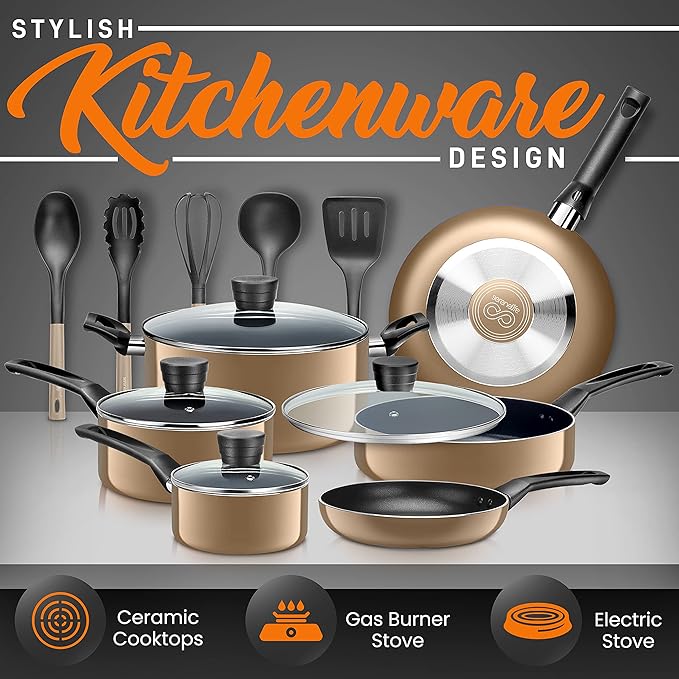 SereneLife Kitchenware Pots &amp Pans Basic Kitchen Cookware Black Non-Stick Coating Inside Heat Resistant Lacquer (15-Piece Set) One Size Gold