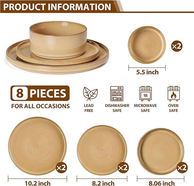 LIANYU 8 Piece Dinnerware Plates and Bowls for 2 Ceramic Elegant Stoneware Dishes Sets with Pasta Bowls Modern Ribbed Dining Ware Dishware for Restaurant Wedding Dishwasher Safe Dune Khaki