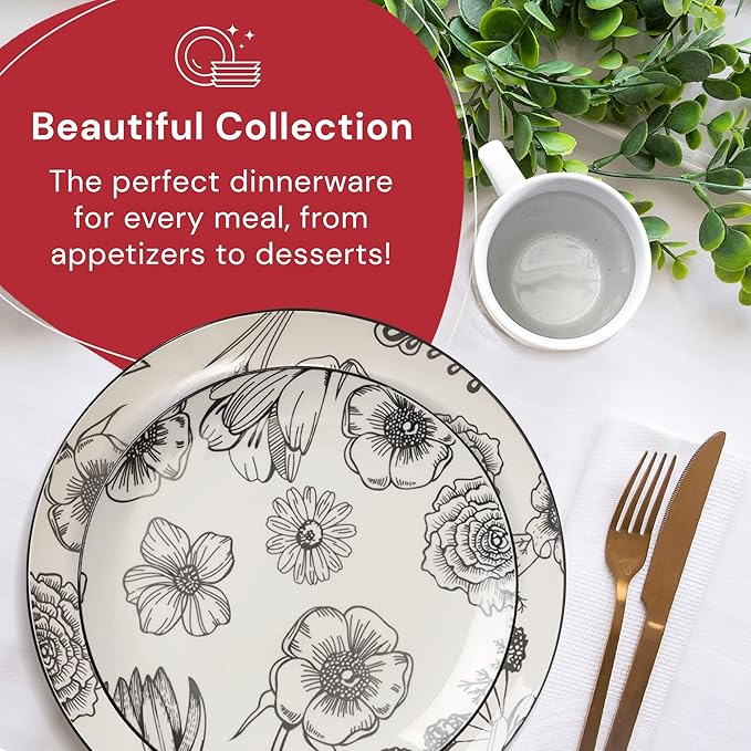 Pemberly Row 16-Piece Porcelain Dinnerware Set Floral White Design Includes Dinner Plates Salad Plates Bowls Mugs Lightweight Chip-Resistant Dishwasher &amp Microwave Safe Modern Table Settin